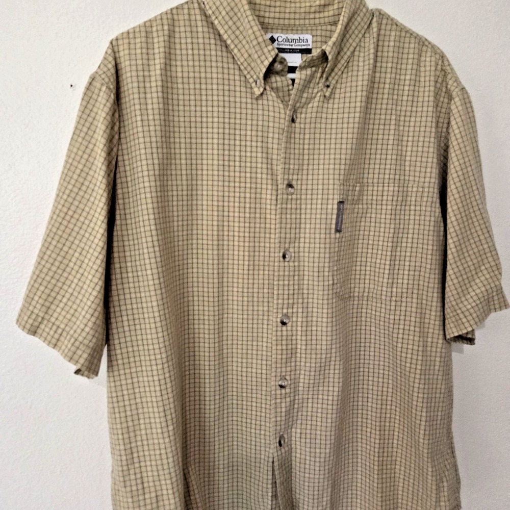 Columbia Casual Micro Plaid Cotton Button Men Large‎ Short Sleeve Shirt SAM7058